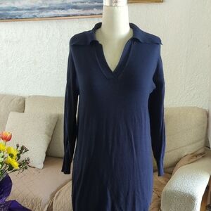 Long Sleeve Navy V-Neck Collared Knit Dress